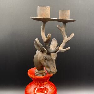 Vintage Cast Iron Deer Candelabra Wine Bottle Stopper Original Patina